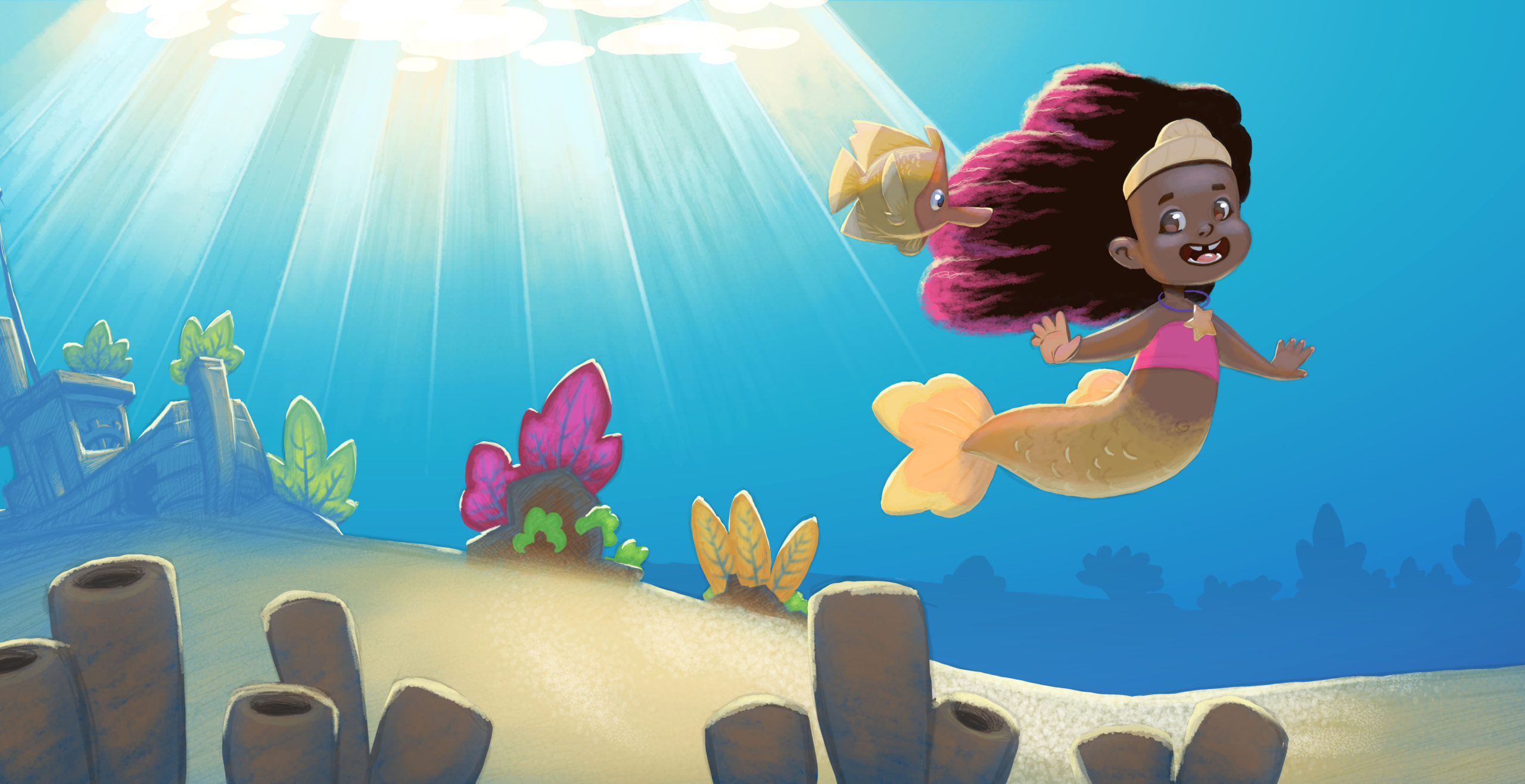 Professional Illustration for Children's Books, Games, and Education - Mermaid and The Grumpy Old Clam Pages 1 and 2